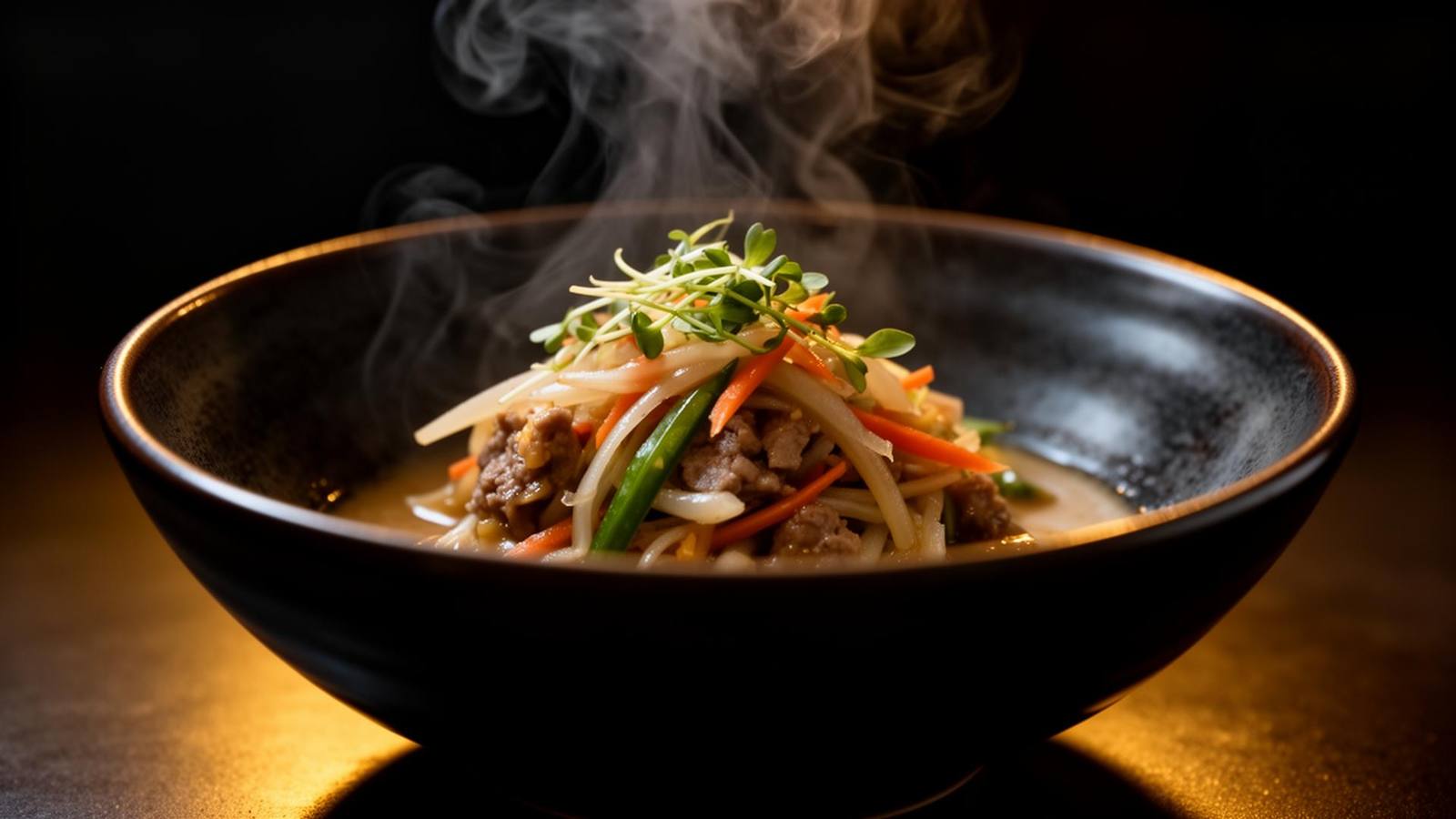 Steam rising from a Thai dish in candlelight