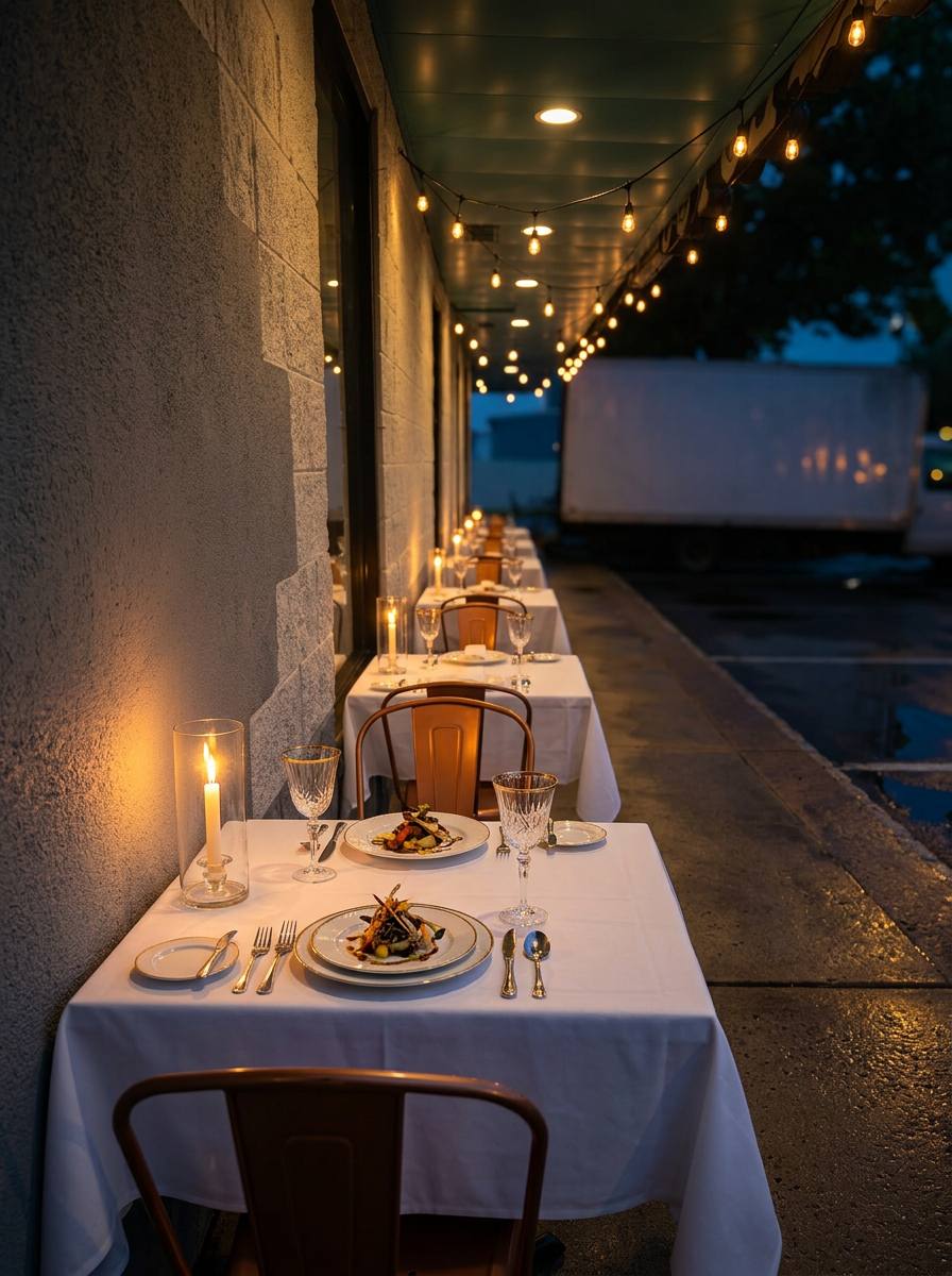 Intimate candlelit table set for two on the patio